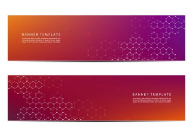 Moleküler parçacıklar ve atom yapısı ile teknolojik ve bilimsel afiş. Poligonal arka plan. Vektör çizim