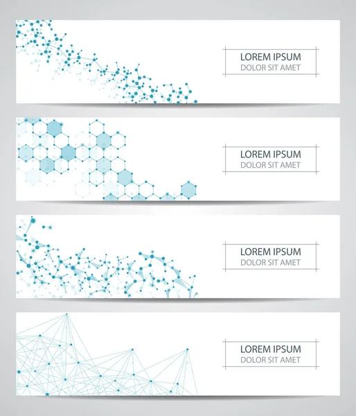 Conjunto de design de banner abstrato, fundo de estrutura de molécula de dna. Gráficos geométricos e linhas conectadas com pontos. Conceito científico e tecnológico, ilustração vetorial —  Vetores de Stock