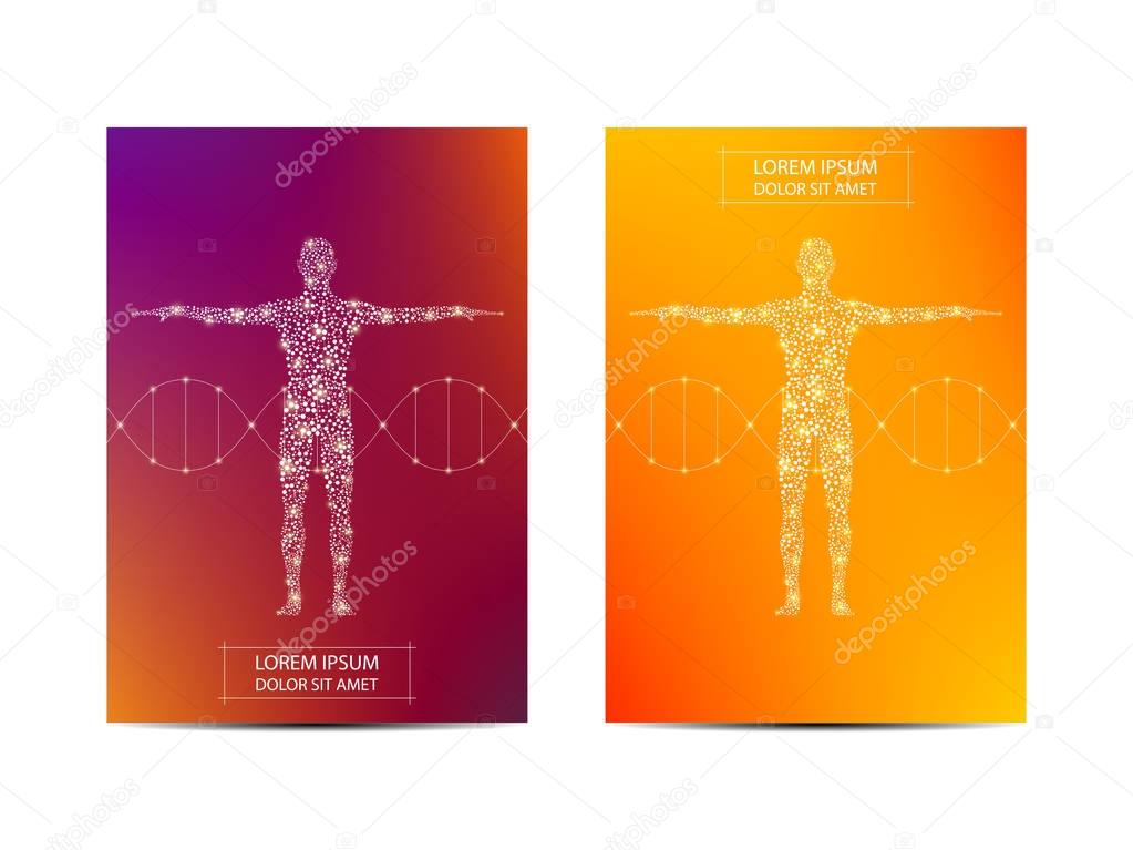 Cover or poster design with human body, scientific and technological concept, vector illustration.
