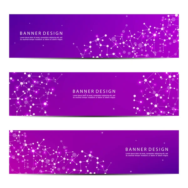 Set of abstract banner design, dna molecule structure background. Geometric graphics and connected lines with dots. Scientific and technological concept, vector illustration — Stock Vector