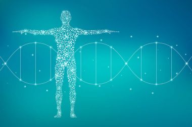 Dna molekülleri ile soyut insan vücudu. Tıp, bilim ve teknoloji kavramı. İllüstrasyon.
