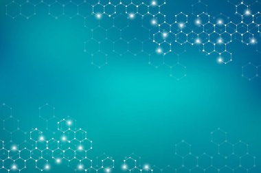 Altıgen molekül arka plan, genetik ve kimyasal bileşikler sistemi soyut. Geometrik grafik ve bağlantılı çizgilerin noktalı. Bilimsel ve teknolojik kavramı, illüstrasyon.