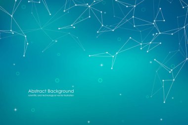 Fütüristik arka plan noktalar ve çizgiler, moleküler parçacıklar ve atomlar, poligonal lineer dijital doku, teknolojik ve bilimsel kavram, vektör çizim ile