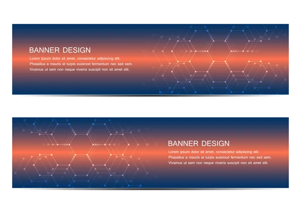Abstract banner design, with futuristic hexagonal background. Geometric polygonal graphics. Scientific and technological concept, vector illustration. — Stock Vector