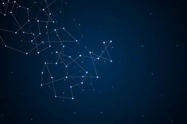 Fütüristik arka plan noktalar ve çizgiler, moleküler parçacıklar ve atomlar, poligonal lineer dijital doku, teknolojik ve bilimsel kavram, illüstrasyon.