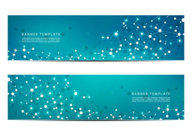 Moleküler parçacıklar ve atom yapısı ile teknolojik ve bilimsel afiş. Poligonal arka plan. Vektör çizim