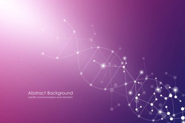 Vektör molekül arka plan, genetik ve kimyasal bileşikler. Noktalı, tıbbi, teknolojik ve bilimsel kavramı soyut bağlı çizgiler.