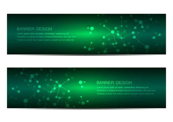 Technological and scientific banners with structure of molecular particles and atom. Polygonal abstract background. Vector illustration — Stock Vector