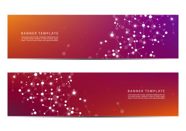 Moleküler parçacıklar ve atom yapısı ile teknolojik ve bilimsel afiş. Poligonal arka plan. Vektör çizim