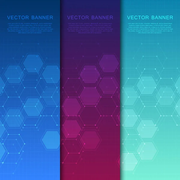 Set of abstract banner design, dna molecule structure background. Geometric graphics and connected lines with dots. Scientific and technological concept, vector illustration. — Stock Vector