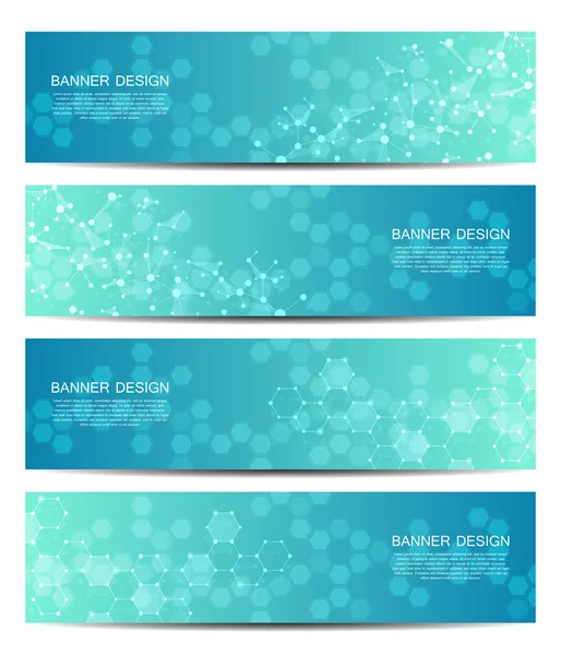 Set of abstract banner design, dna molecule structure background. Geometric graphics and connected lines with dots. Scientific and technological concept, vector illustration. — Stock Vector