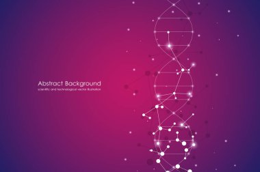 Vektör molekül arka plan, genetik ve kimyasal bileşikler. Noktalı, tıbbi, teknolojik ve bilimsel kavramı soyut bağlı çizgiler.