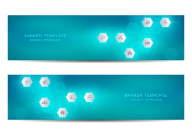 Bilim, tıp ve teknoloji afiş. Kimyasal ve moleküler yapısı arka planlar.