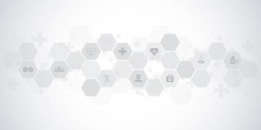 Düz simgeler ve sembollerle soyut tıbbi altyapı. Sağlık teknolojisi, yenilikçi tıp, sağlık, bilim ve araştırma için kavram ve fikir içeren şablon tasarımı.