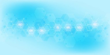 Kimyasal formüller ve moleküler yapılarla mavi arka planda soyut kimya kalıbı. Bilim ve yenilik teknolojisi konsepti ve fikri olan şablon tasarımı.