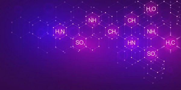 Mor arkaplanda kimyasal formüller ve moleküler yapılarla soyut kimya kalıbı. Bilim ve yenilik teknolojisi kavramı. — Stok fotoğraf