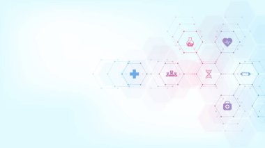 Düz simgeler ve sembollerle soyut tıbbi altyapı. Sağlık teknolojisi, yenilikçi tıp, sağlık, bilim ve araştırma için kavram ve fikir içeren şablon tasarımı.