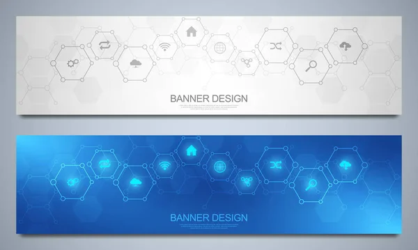 Banners πρότυπο σχεδιασμού για τεχνολογική διακόσμηση με επίπεδες εικόνες και σύμβολα. Έννοια και ιδέα για το διαδίκτυο των πραγμάτων, την επικοινωνία, το δίκτυο, την τεχνολογία καινοτομίας, την ενσωμάτωση του συστήματος. — Διανυσματικό Αρχείο