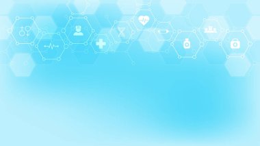 Düz simgeler ve sembollerle soyut tıbbi altyapı. Sağlık teknolojisi, yenilikçi tıp, sağlık, bilim ve araştırma için kavram ve fikir içeren şablon tasarımı.