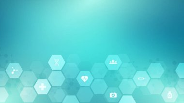 Düz simgeler ve sembollerle soyut tıbbi altyapı. Sağlık teknolojisi, yenilikçi tıp, sağlık, bilim ve araştırma için kavram ve fikir içeren şablon tasarımı.