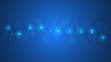 Düz simgeler ve sembollerle sağlık ve teknoloji kavramı. Sağlık sektörü için şablon tasarımı, yenilikçi tıp, bilim geçmişi, tıbbi araştırma. Vektör illüstrasyonu.