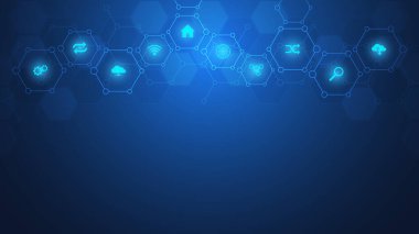 Düz simgeler ve sembollerle donatılmış teknoloji geçmişi. Nesnelerin konsepti ve fikri, iletişim, ağ, yenilik teknolojisi, sistem entegrasyonu. Vektör illüstrasyonu.