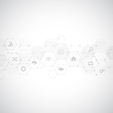 Düz simgeler ve sembollerle donatılmış teknoloji geçmişi. Nesnelerin konsepti ve fikri, iletişim, ağ, yenilik teknolojisi, sistem entegrasyonu. Vektör illüstrasyonu.