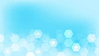 Düz simgeler ve sembollerle soyut tıbbi altyapı. Sağlık teknolojisi, yenilikçi tıp, sağlık, bilim ve araştırma için kavram ve fikir içeren şablon tasarımı.