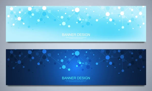 Banners design template with molecular structures and neural network. Abstract molecules and genetic engineering background. Science and innovation technology concept. — Stock Vector