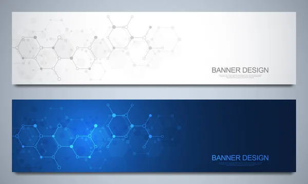 Plantilla de diseño de banners y encabezados para sitios con estructuras moleculares. Fondo abstracto del vector. Ciencia, medicina e innovación Concepto tecnológico. Sitio web de decoración y otras ideas . — Vector de stock