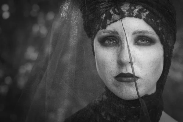 Witch on coven. Halloween. Gothic bride. Black and white photo. — Stock Photo, Image