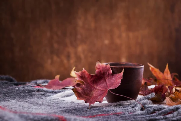 Otoño hojas amarillas secas en una taza sobre un fondo de una manta caliente . Fotos De Stock Sin Royalties Gratis