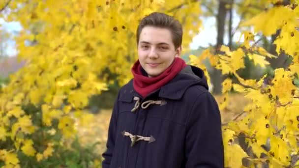 Ung man porträtt av en kappa i höst med gula blad nära — Stockvideo