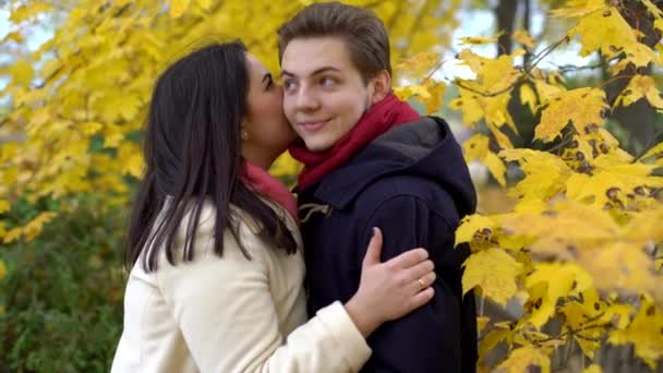 Любящая пара в парке осенью . — стоковое видео