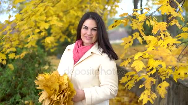 Niña en el parque en otoño con hojas amarillas en las manos — Vídeos de Stock