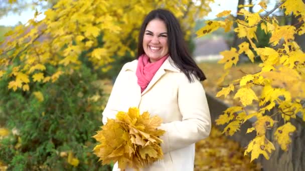 Giovane ragazza nel parco in autunno con foglie gialle nelle mani — Video Stock