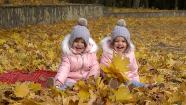 Deux filles, soeurs en vêtements et chapeaux sont assis sur le jaune le — Video