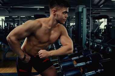 Sporcu vücut geliştirmeci atlet spor salonunda dumbbells ile