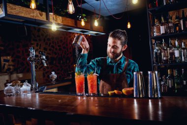 Barmen hipster sakallı Restoran ba kokteyl yapar