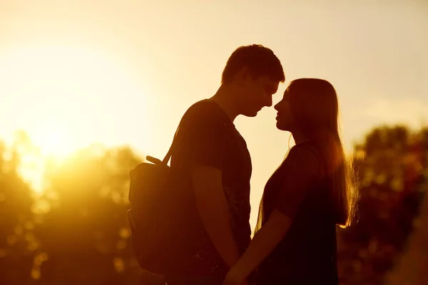 Silhouet van een verliefde paar bij zonsondergang in de natuur — Stockfoto