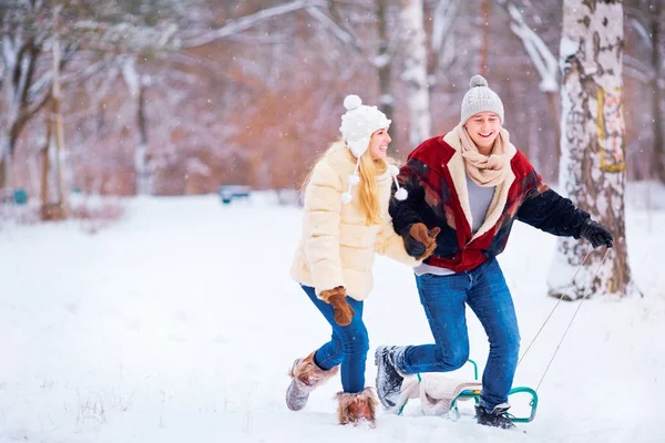 Um casal feliz está montando um trenó na neve em um parque na vitória — Fotografia de Stock