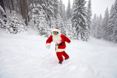 Noel Baba Noel kışın ormanda yürür.