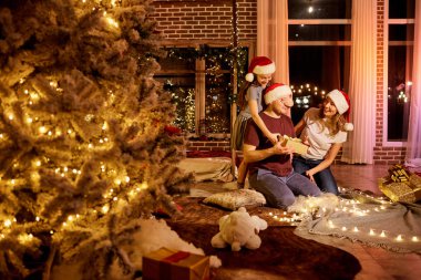 Bir odada aile verir armağan üstünde Noel günü.