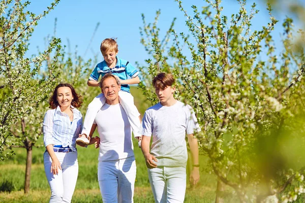 Bahar, yaz aylarında bahçede mutlu bir aile yürür. — Stok fotoğraf