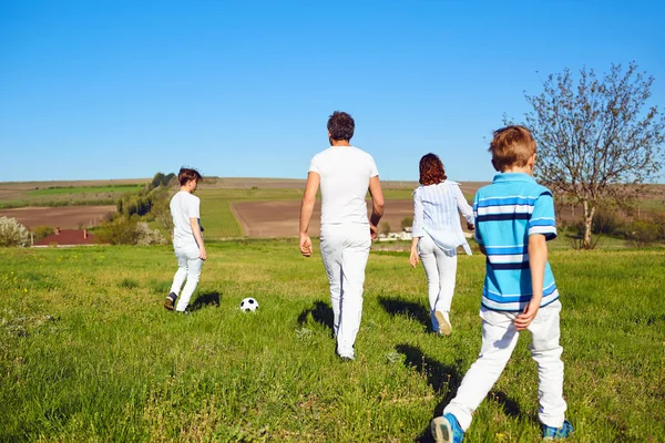 İlkbahar, yaz doğası üzerine bir top oynamaktan mutlu aile. — Stok fotoğraf