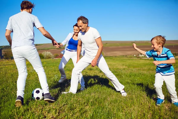 Famiglia felice che gioca con una palla sulla natura in primavera, estate . — Foto Stock