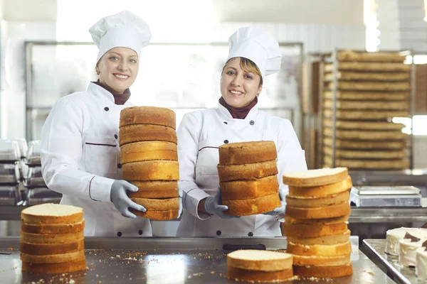 Chefs pasteleros sostienen pasteles para el pastel en sus manos en la confitería  . — Foto de Stock