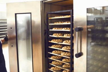 Fırındaki fırında taze ekmek tepsileri.