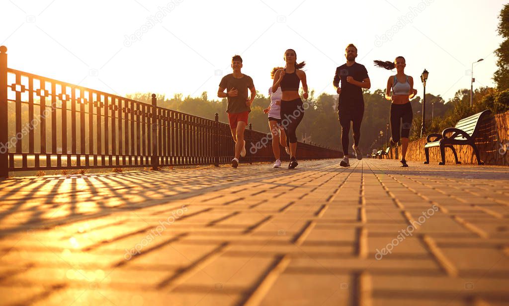 Group training of people at dawn in the park.