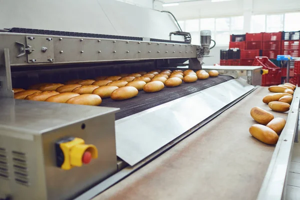 Linha de produção de padaria automática com pão na fábrica de panificação — Fotografia de Stock